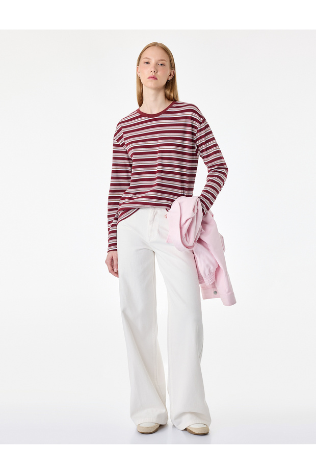 Comfortable Fit Cotton Pique Fabric Crew Neck Long Sleeve Striped T-Shirt