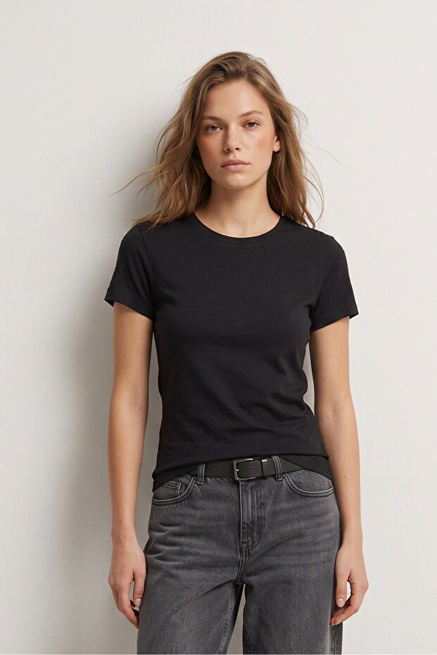 95% Cotton 5% Lycra Body-Fitting Magic Fit Black Women's Stretch T-Shirt Compact Combed Cotton Short Sleeve Flexible Basic T-Shirt Elastane Body