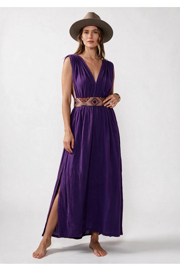 Azi̇ze Bohem Stylish Muslin Dress / Purple