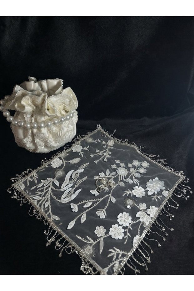Premium Bridal Set with Three-Dimensional Floral Design, Triple Albanian Handkerchief, Bridal Fan, and Bridal Bag.