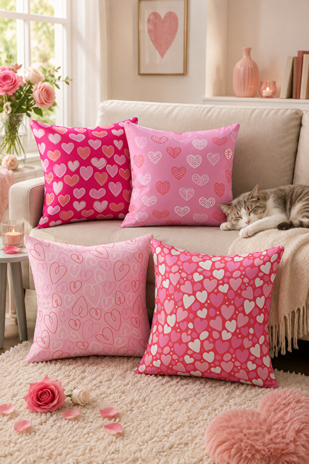 Double Sided Printed Hearts Patterned 4-Piece Combination Suede Throw Pillow Case