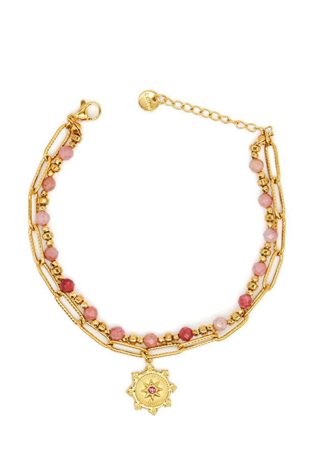 Steel Stone Sun Figured, Pink Stone Double Combination Chain Bracelet