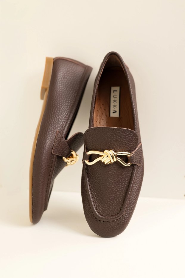 Genuine Leather Cameron Women's Bitter Brown Metal Buckle Loafer Ballet Flats