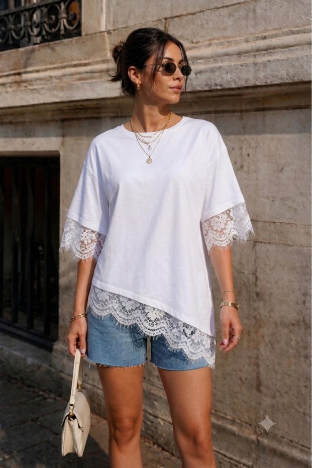 Lace Asymmetrical Detailed T-Shirt