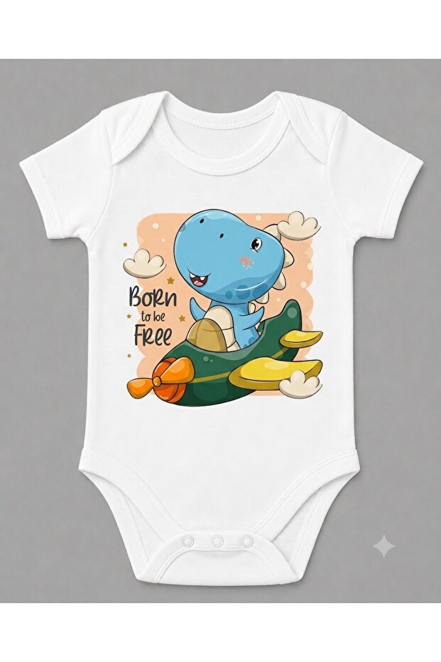 Organic 100% Cotton Pilot Dinosaur Printed Baby Bodysuit with Snap Fasteners Short Sleeve Bodysuit 5171
