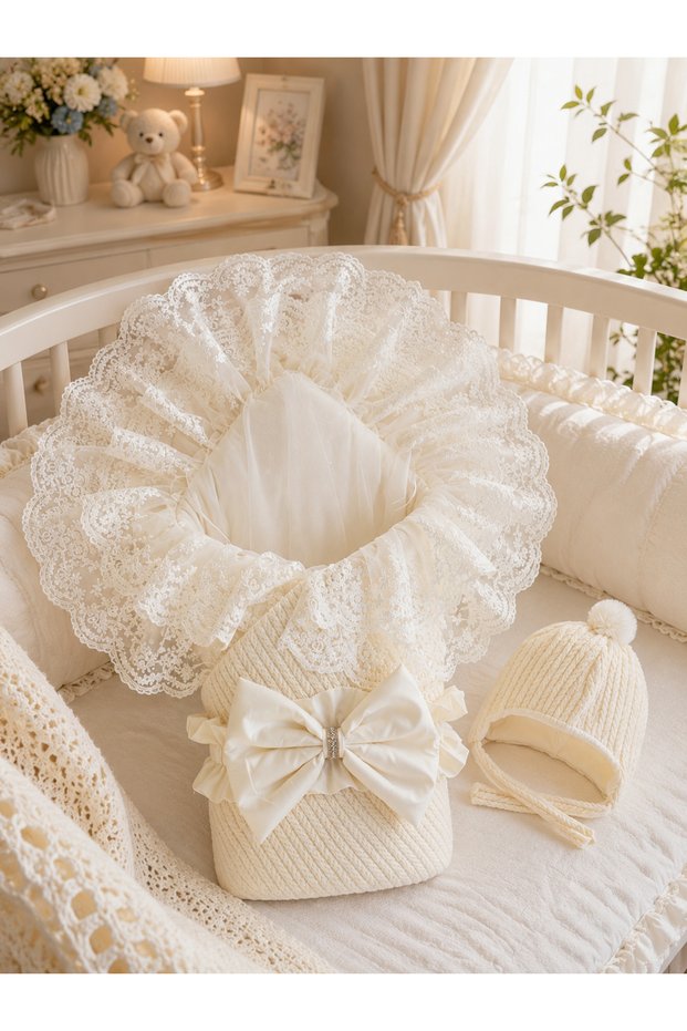 Knitted Baby Girl and Boy Blanket with Hat and Lace Trim for Newborn Hospital Discharge