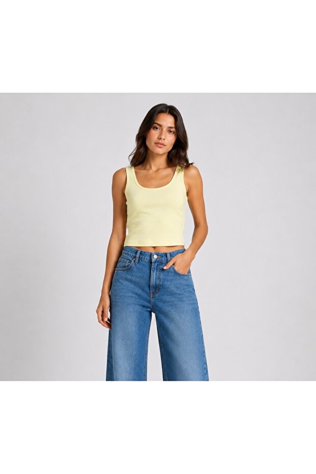 Women's Lemon Yellow U-Neck Crop Tank Top Stretchy Comfortable Fabric Lightweight Flowy Wide Strap Tank Top