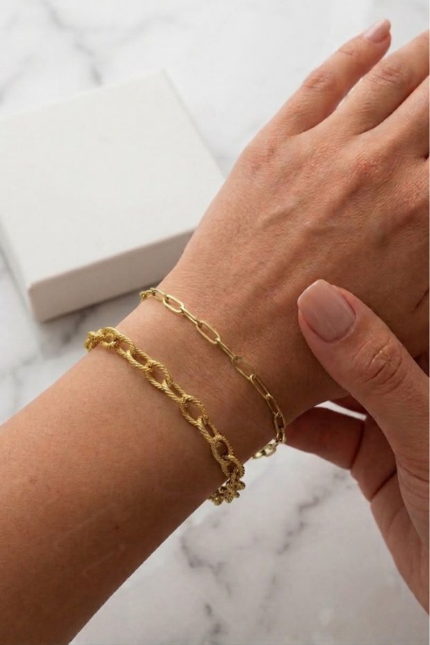 Double Paper Clip Gold Steel Chain Bracelet | Metoo Series