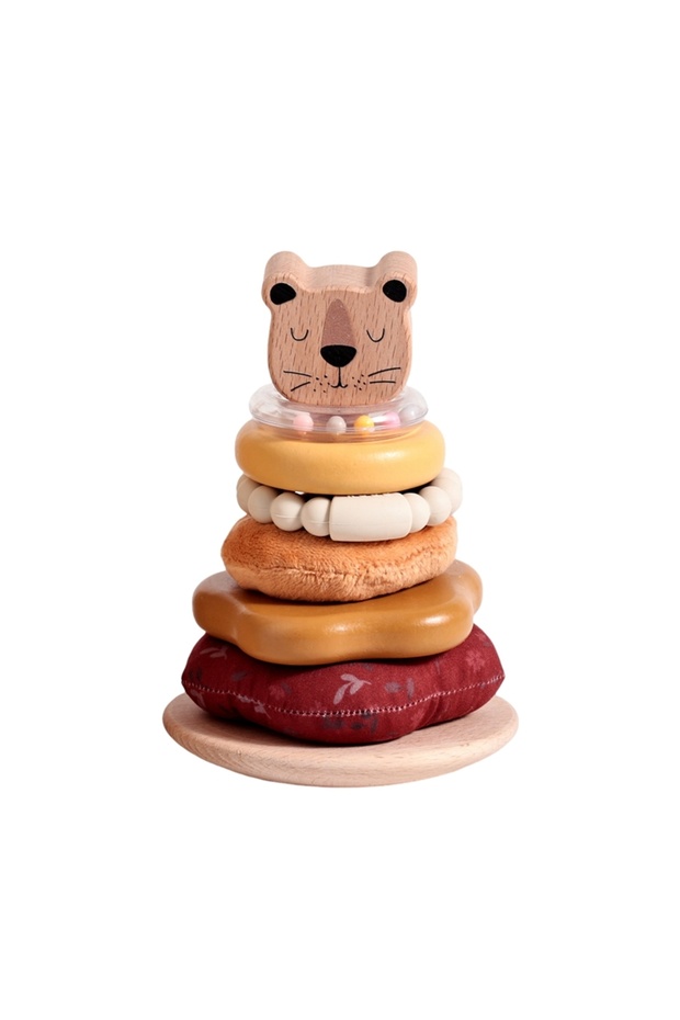 3 Baby Pole Stack Toy Wooden Cartoon Lion Montessori Building Game Soft Cotton Baby Teether Rattle G