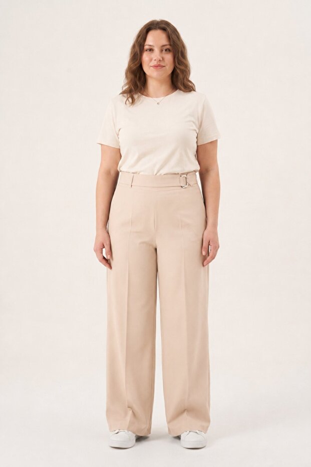 Women's Wide-Legged Pants with Side Zipper, No Pockets, Elasticated Back and Buckle Detail