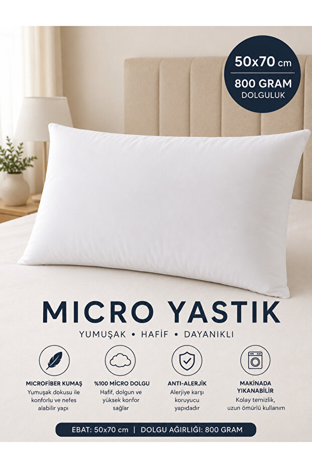 50X70 cm 1 Pillow – 100% Silicone Fiber Filling, 800 Grams, Soft, Breathable, Anti-Sweat