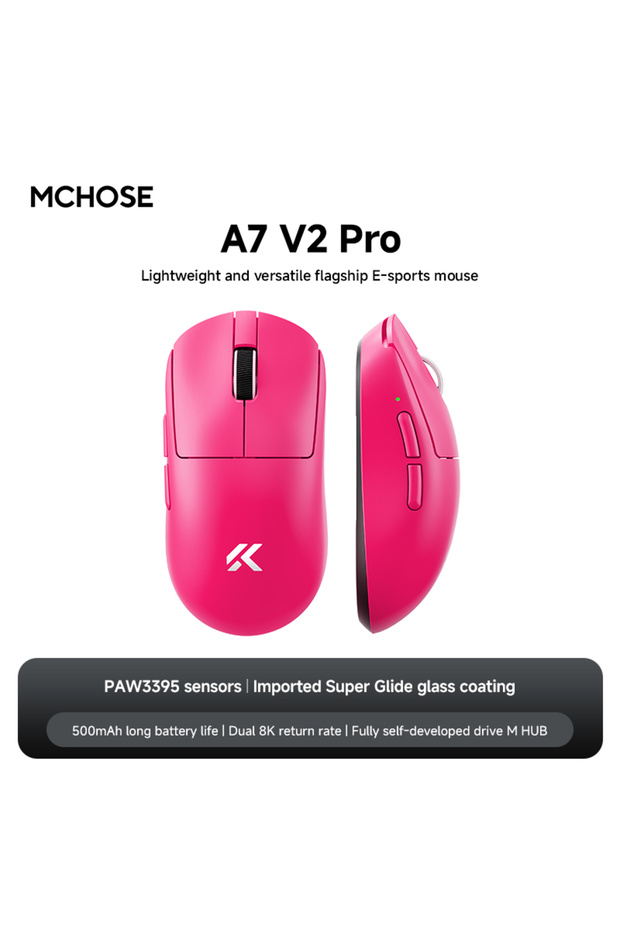 ماوس الألعاب الإلكترونية الجديد MCHOSE A7 V2 Pro أحمر اللون، لاسلكي بتقنية البلوتوث، ثلاثي الأوضاع، مريح وخفيف الوزن، بدقة 8K