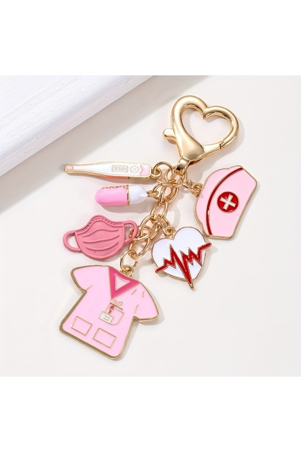 Pink Cartoon Infusion pump Thermometer Surgical Mask Enamel Keychain Medical Tools Pandents For Wome