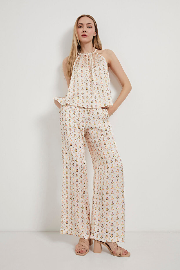 Women's Satin Textured Patterned Loose Ecru Baggy Trousers