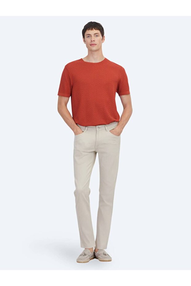 Beige Woven Slim Fit Casual Cotton Blend Trousers