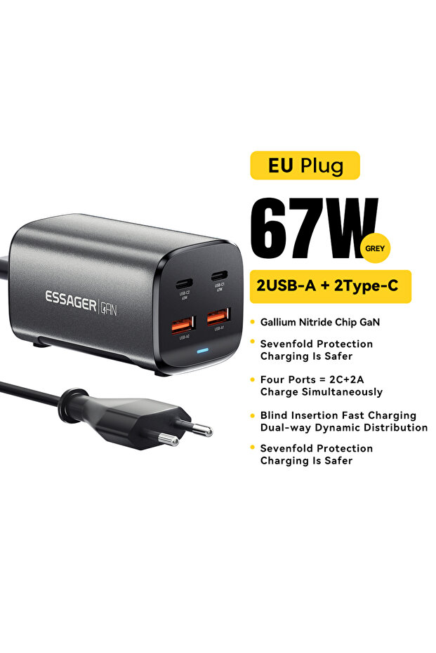 شاحن USB-C GaN أسود بقوة 67 واط للاتحاد الأوروبي، شحن سريع 4.0 وQC 3.0 وPD من النوع C للشحن السريع