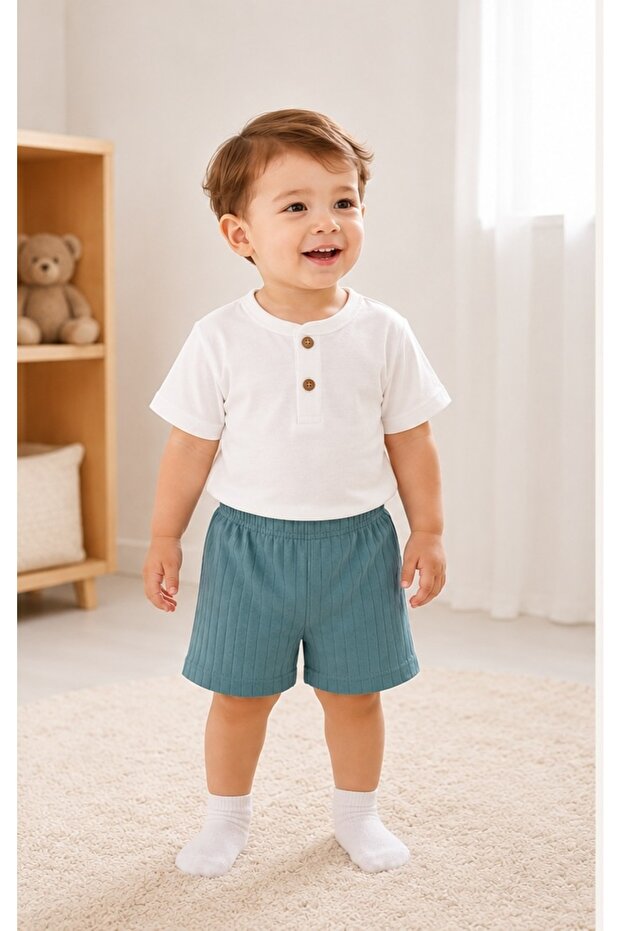 Mint Yeşili Tişört ve Şortlu 2'li Unisex Bebek Takımı