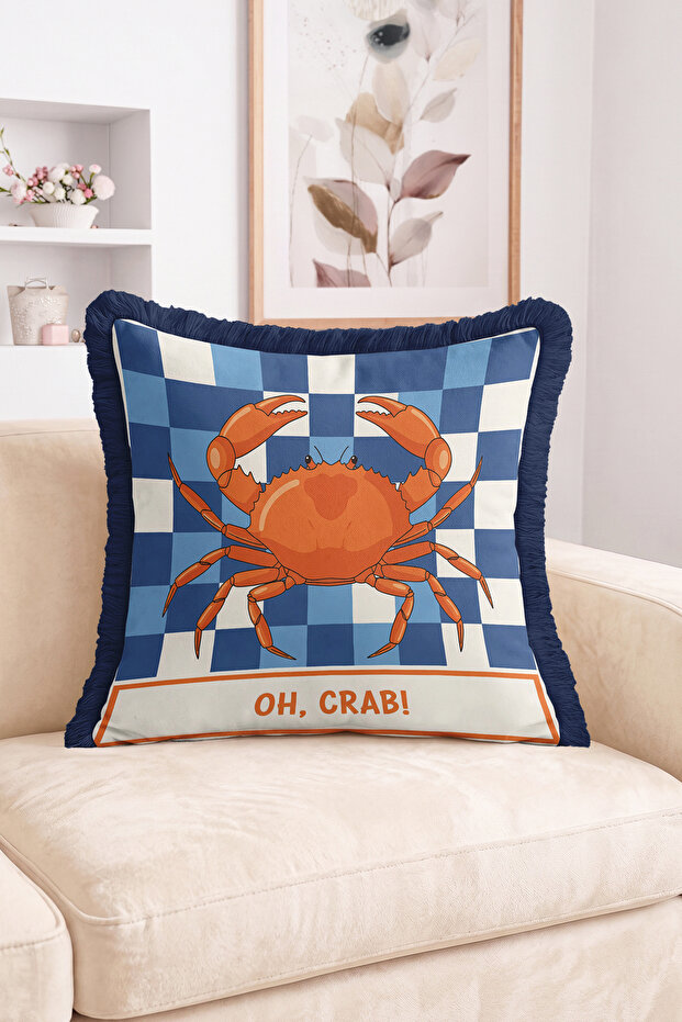 Oh, Crab! Checkered Patterned Fringed Throw Pillow Cover with Written Crab Figure - Modern Decorative Pillow Cover