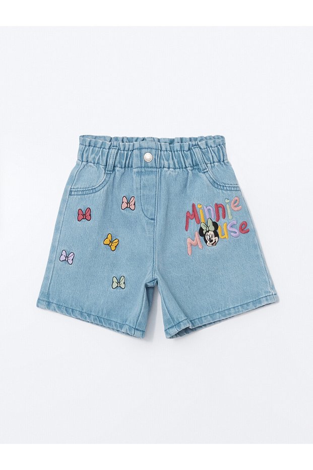 Trendlucky Girls' Jean Shorts with Minnie Mouse Embroidery and Elastic Waist with Contrast