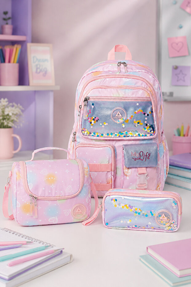 Girl's Pink 3-Piece School Bag Set with Accessories - Backpack, Lunch Bag, Pencil Case
