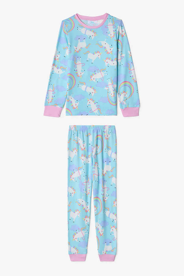 Light Blue Girls' Unicorn Patterned Thermal Effect Pajama Set