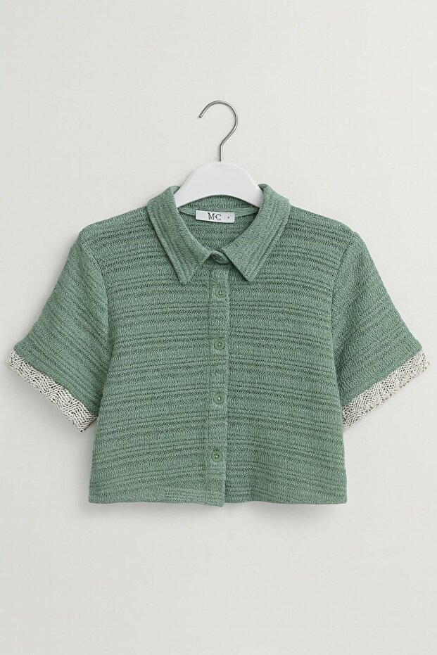 Nk Girl's Polo Collar Textured Fabric Buttoned Front Closure Shirt 8-14 Years Green