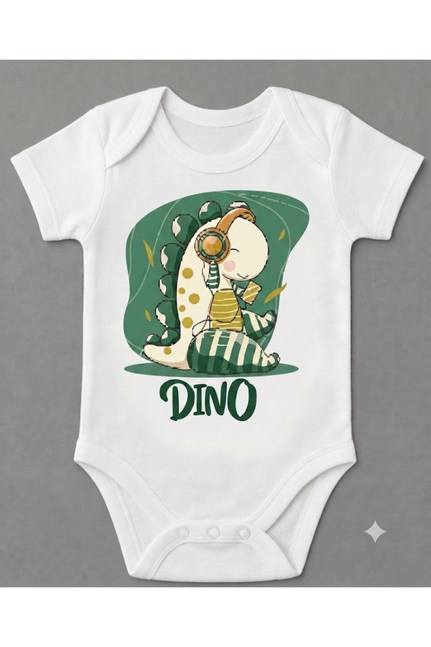 Music Dinosaur Printed Baby Bodysuit with Snap Fasteners and Short Sleeves