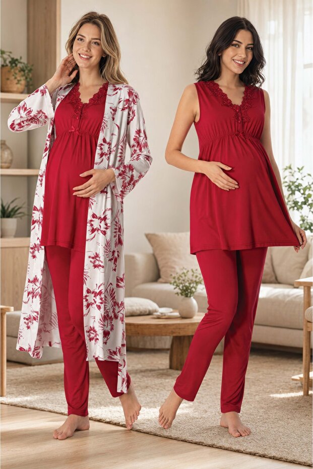 Cotton Pajama Set for Pregnant and Postpartum Women with Adjustable Waist Elastic - Effortt - Cherry