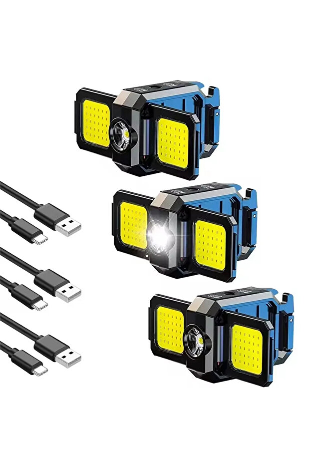 WJ808 مصباح يدوي صغير مزود بسلسلة مفاتيح من 3 قطع، مصباح عمل COB قابل لإعادة الشحن عبر USB مع إمكانية طيه بزاوية 90 درجة
