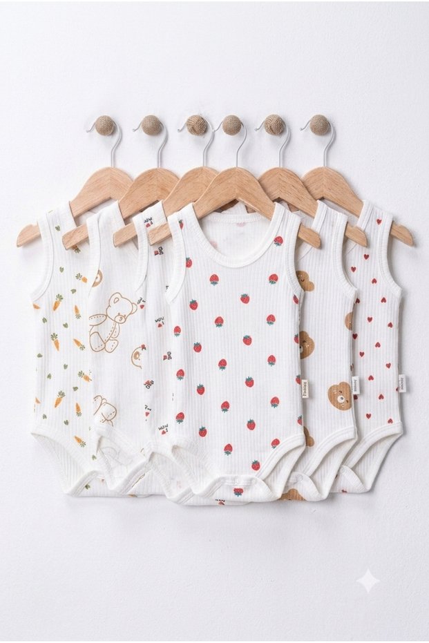 100% Cotton Set of 6 Sleeveless Baby Bodysuits - Newborn & 3-12 Months | Bear, Animal, Heart, Mom Dad, Carrot and Cute Bear