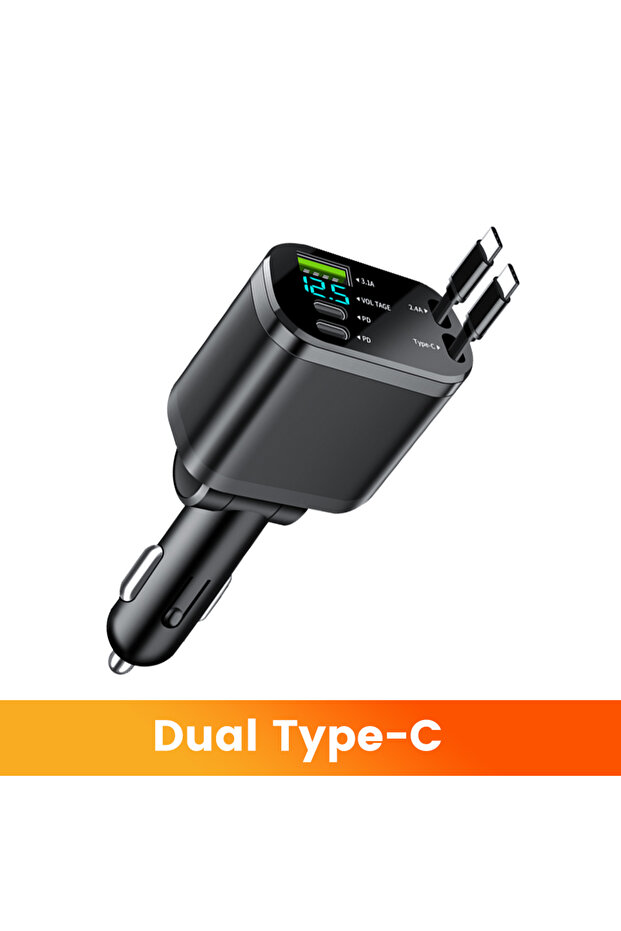شاحن سيارة USB نوع C مزدوج بقوة 150 واط للشحن السريع مع كابل نوع C مزدوج قابل للسحب لشحن الهواتف في السيارة