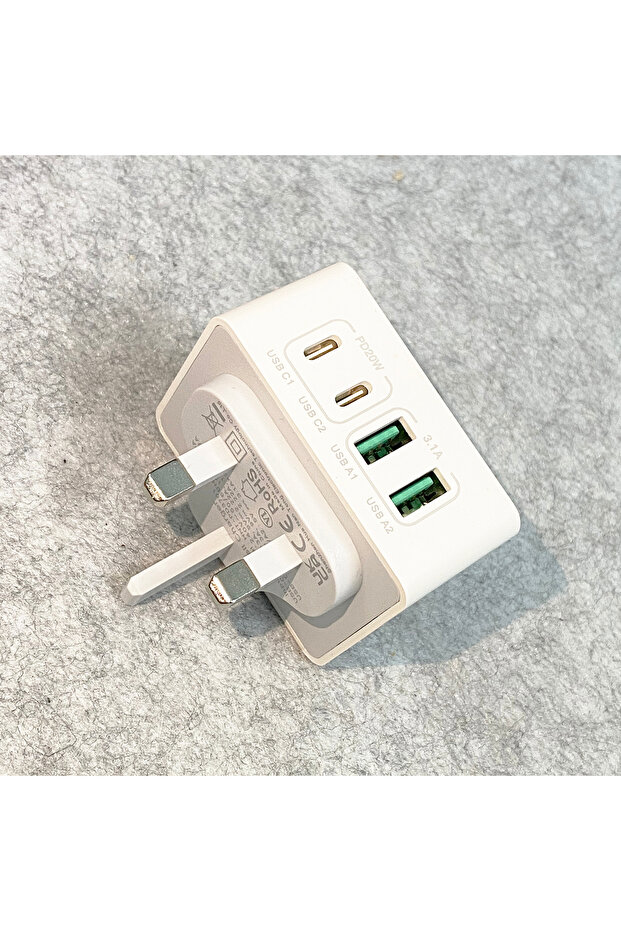 WHITE 1pc 40W UK Plug 4-Port Fast USB-C+USB-A Charger, Dual Port PD Power Adapter Wall Charger, For