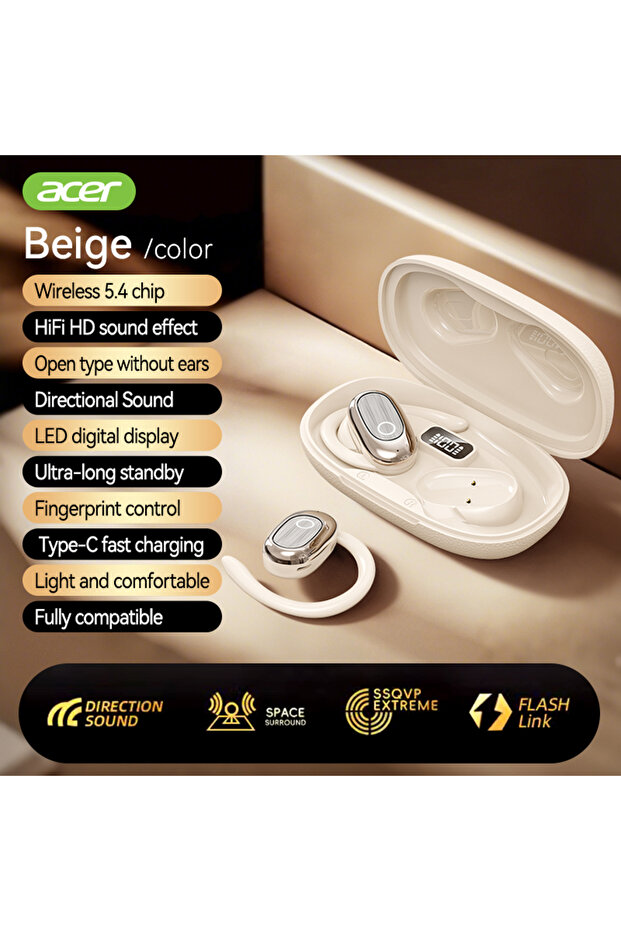 Beige [Official Acer Product] Ohr553 Wireless Bluetooth Earphones with Earhook Design, Ows Design, H