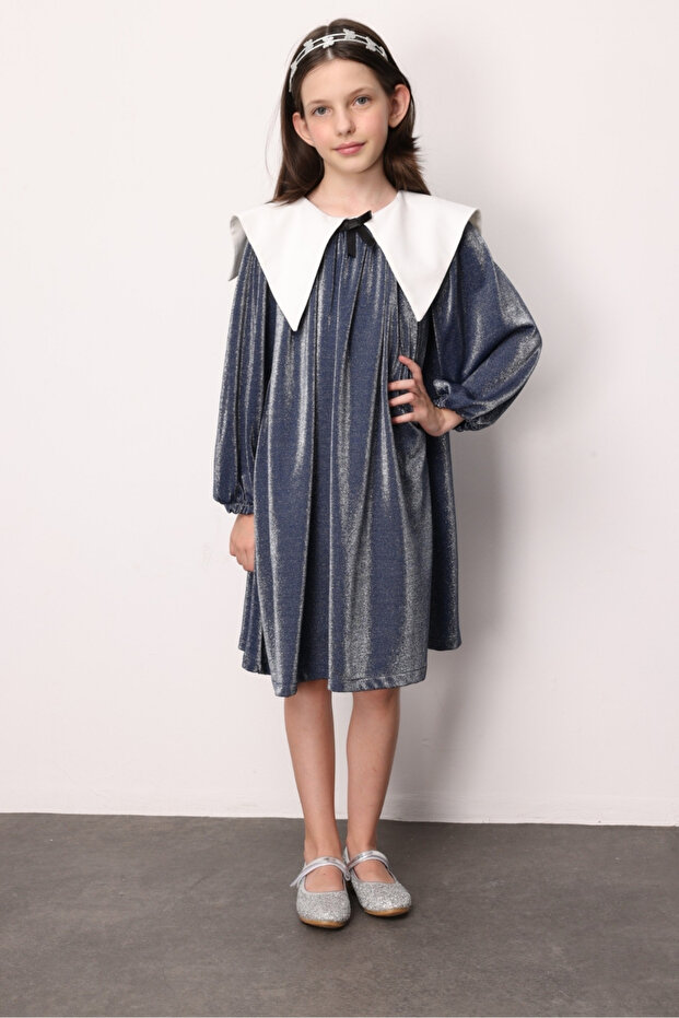 Navy Blue Long Sleeve Collar Detailed Glitter Girl's Dress - Maya