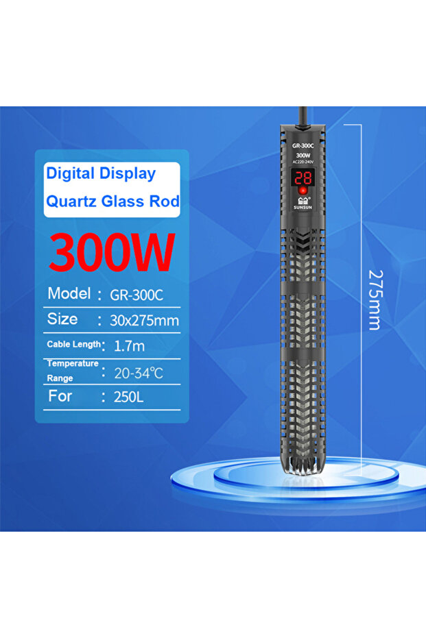 300W SUNSUN Aquarium Submersible Heater Fish Tank Quartz Glass LCD Display 220V Digital Heating Rod