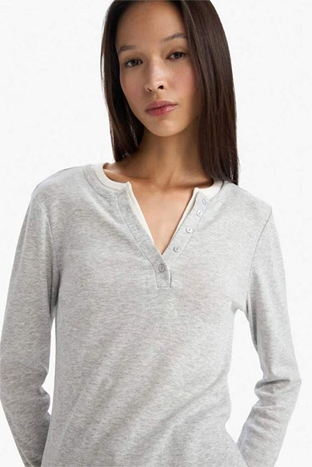 Slim Fit Buttoned Collar Rib Knit Long Sleeve T-Shirt G3490Ax25Wn
