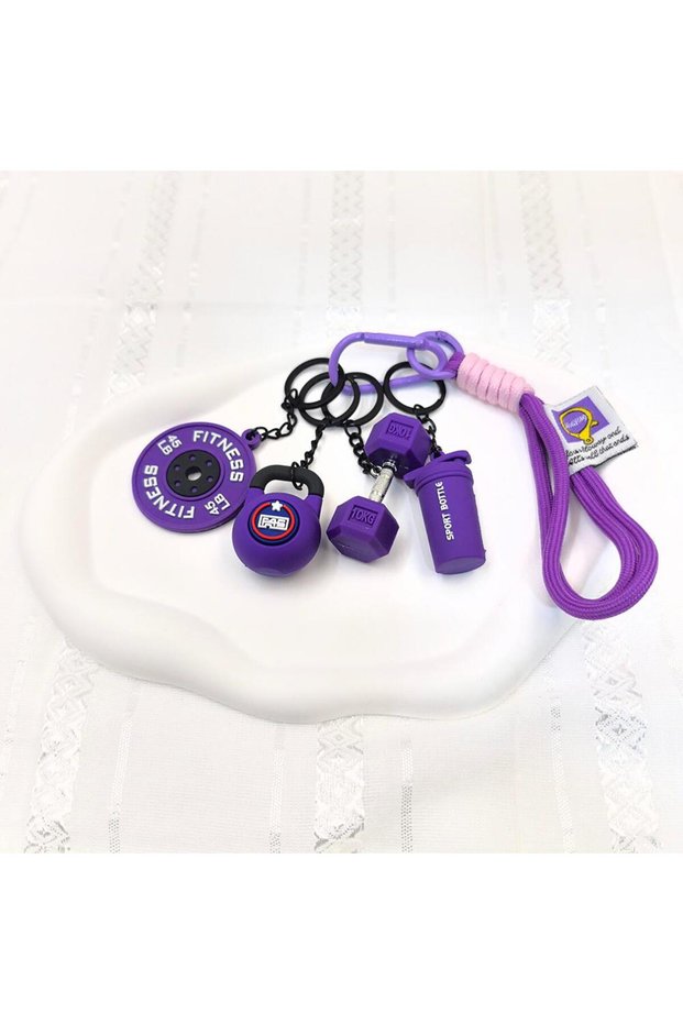 Purple 5 In 1 Fitness Keychains Gym Barbell Key Chain Weightlifting Keyring Silicone Weight Plate Wo