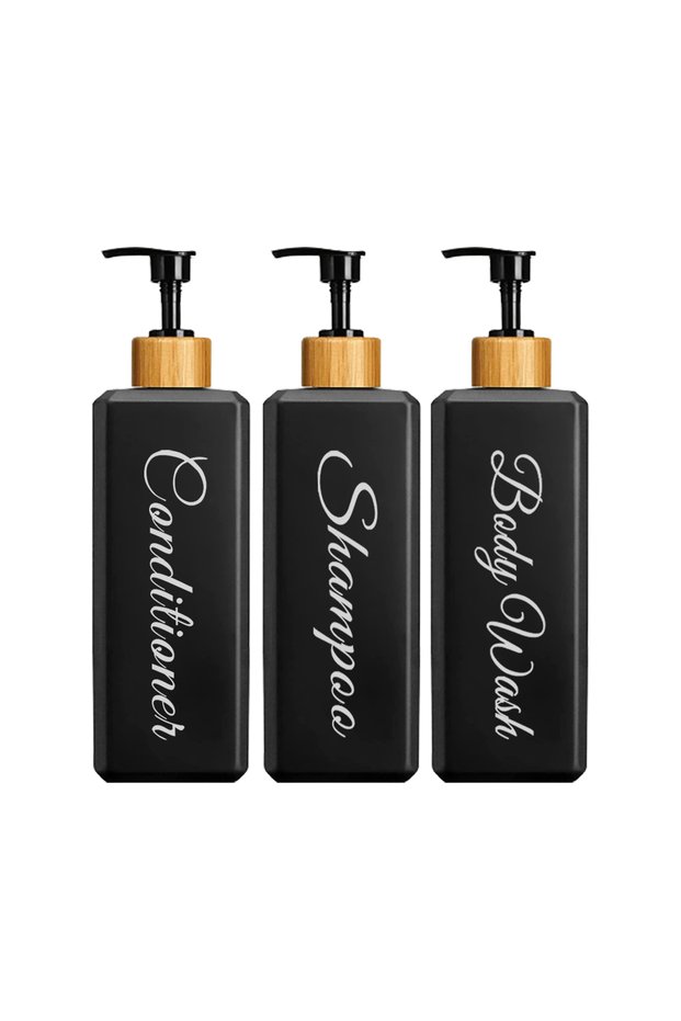 black 500ml Bathroom Dispensers Square Shampoo Shower Gel Body Wash Dispensers Refillable Bamboo Pum