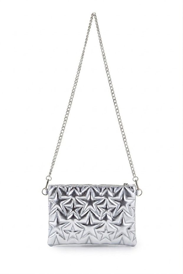 Star Stitched Clutch Star Women's Bag Silver Patent Leather Chain En27 Length19