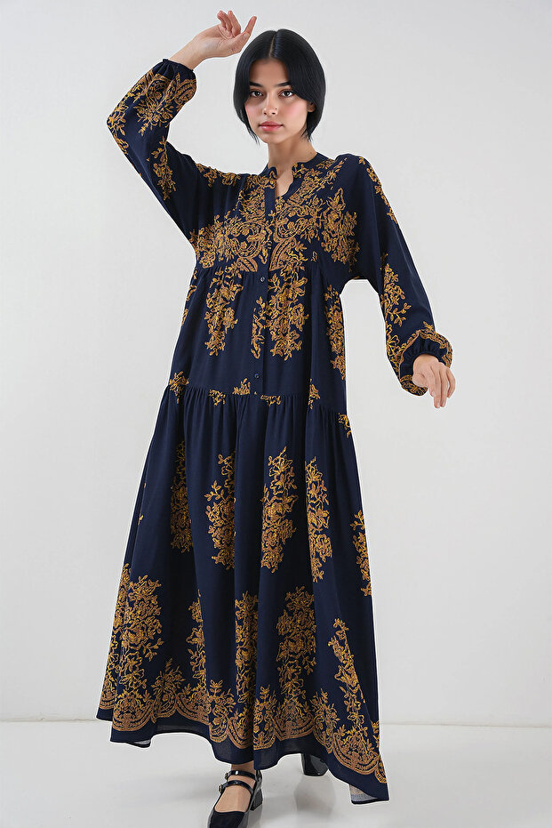 Women's Patterned Hijab Dress Y.Blue 1010