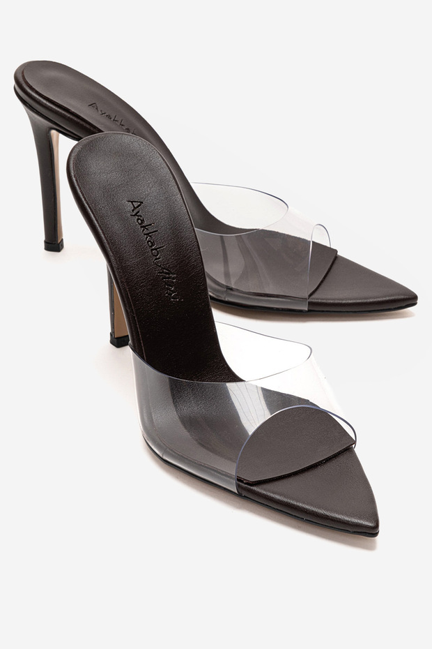 Women's Pointed Toe Thin Heeled Transparent Strap Slippers Sona Brown Skin