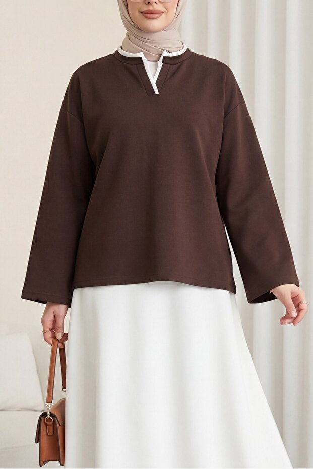 V-Neck Double Layer 2-Thread Combed Cotton Blouse - Brown