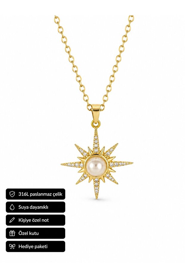 Sun Star Pearl Detail 316L Stainless Steel Necklace Gift