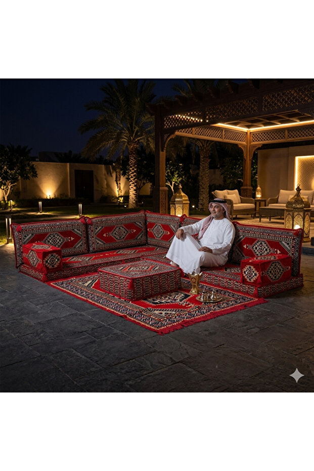 Arabic Majlis Floor Seating Set, Red, Traditional Geometric Pattern, L-Shaped, with Coffee Table