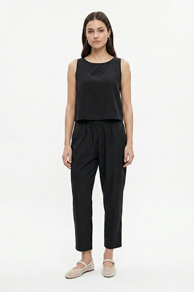 Black 34007 Crew Neck Zero Sleeve Pants Set - 2