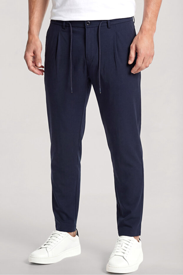 Men's Regular Fit Pleated Waist Drawstring Straight-Leg Navy Blue Trousers