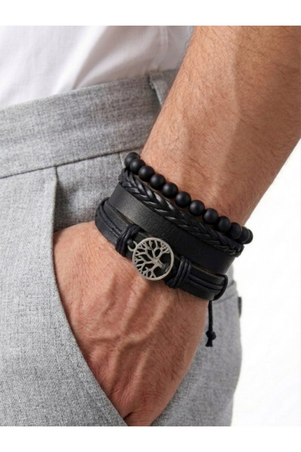 4 Pcs Genuine Leather Bracelet Tree of Life Design Bracelet Set Fashion Bracelet