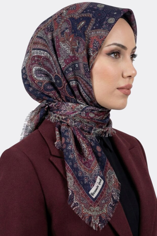 Women's Navy Blue Ethnic Patterned Flared Scarf