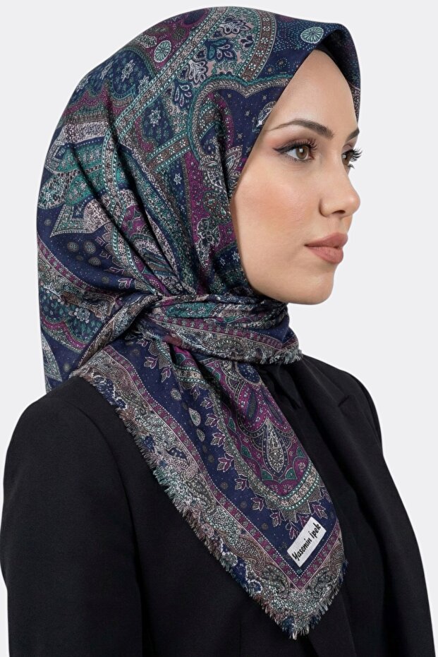 Women's Navy Blue Turquoise Ethnic Patterned Flared Scarf