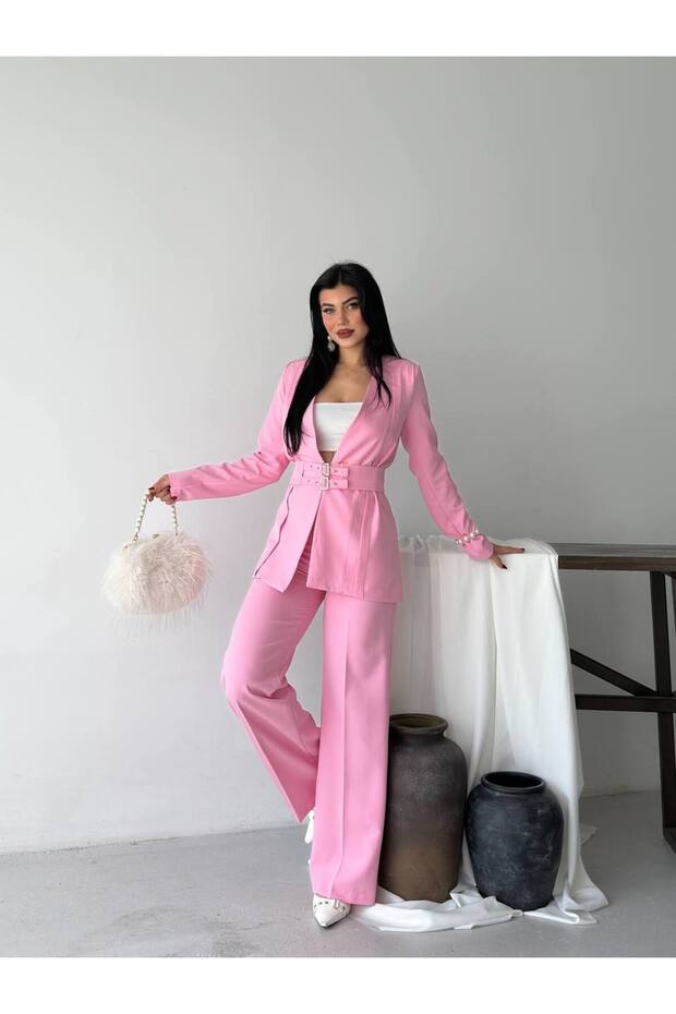 Kadın Kemerli Blazer Pantolon İkili Takım Pembe - 3